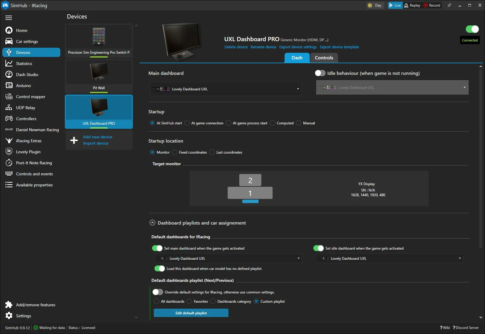 SimHub device settings configured for the UXL Dashboard PRO